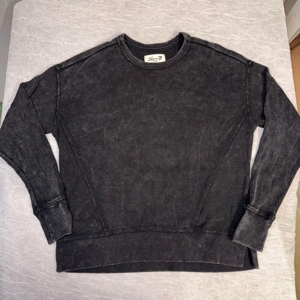 Seven7 Women’s Small Black Mineral Wash Thermal Sweatshirt Oversized Pullover
